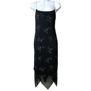 Vintage Y2K Floral Glitter Whimsigoth Mesh Asymmetric Midi Dress Small Black VTG